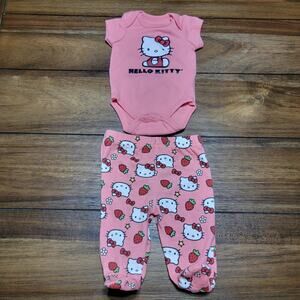 2 Pc. Hello Kitty Pink Body Suit & Kitty Strawberry Pants w/ Footies - Newborn